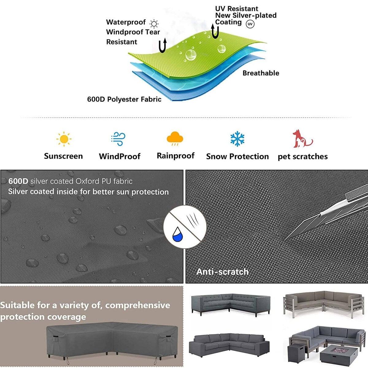V Shaped Patio Couch Cover Waterproof Heavy Duty Furniture Cover, Sectional Sofa Cover with Air Vent Outdoor