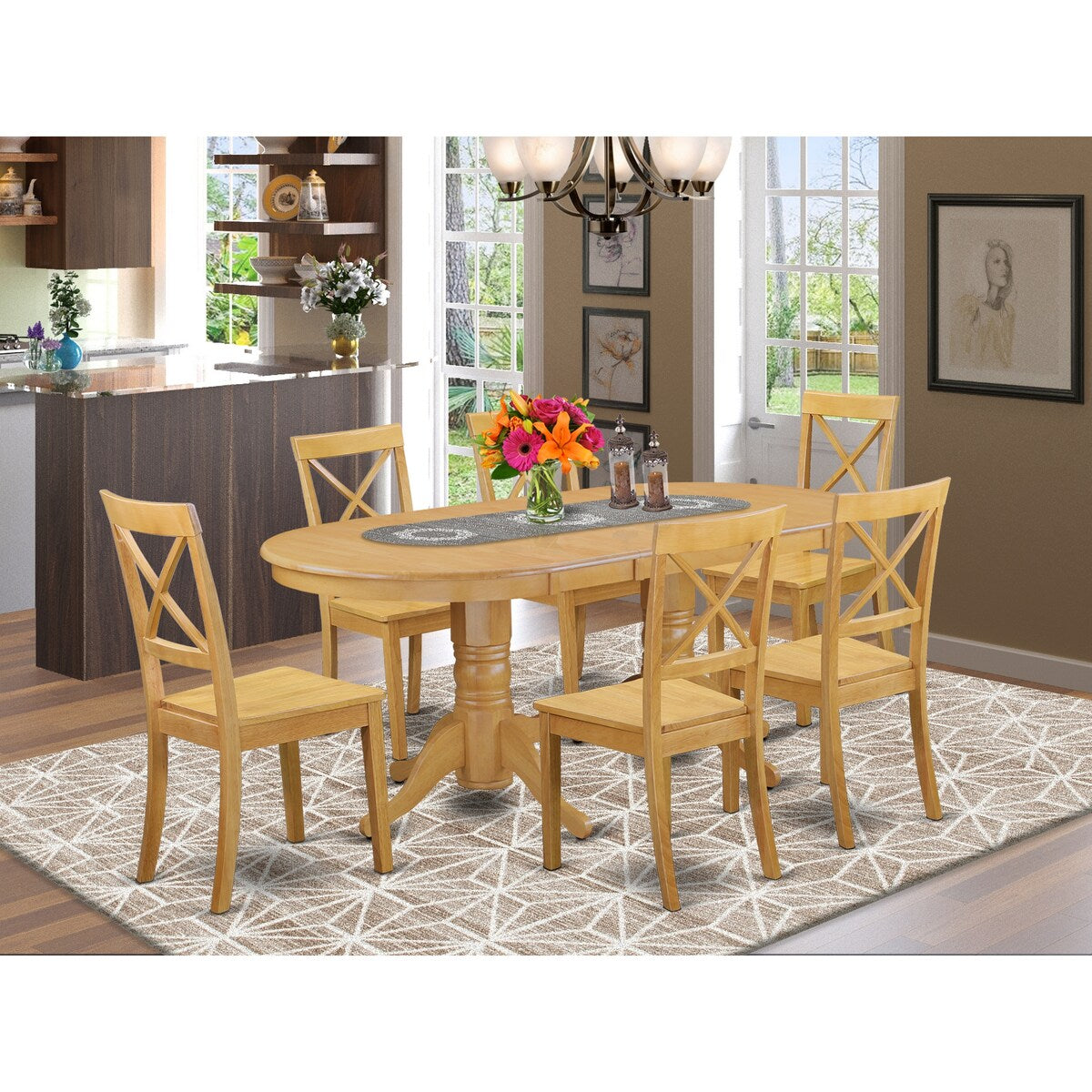 East West Furniture 7 Piece Dining Set- an Oval Dining Table and 6 Wood Seat Chairs, 40x76 Inch, Oak