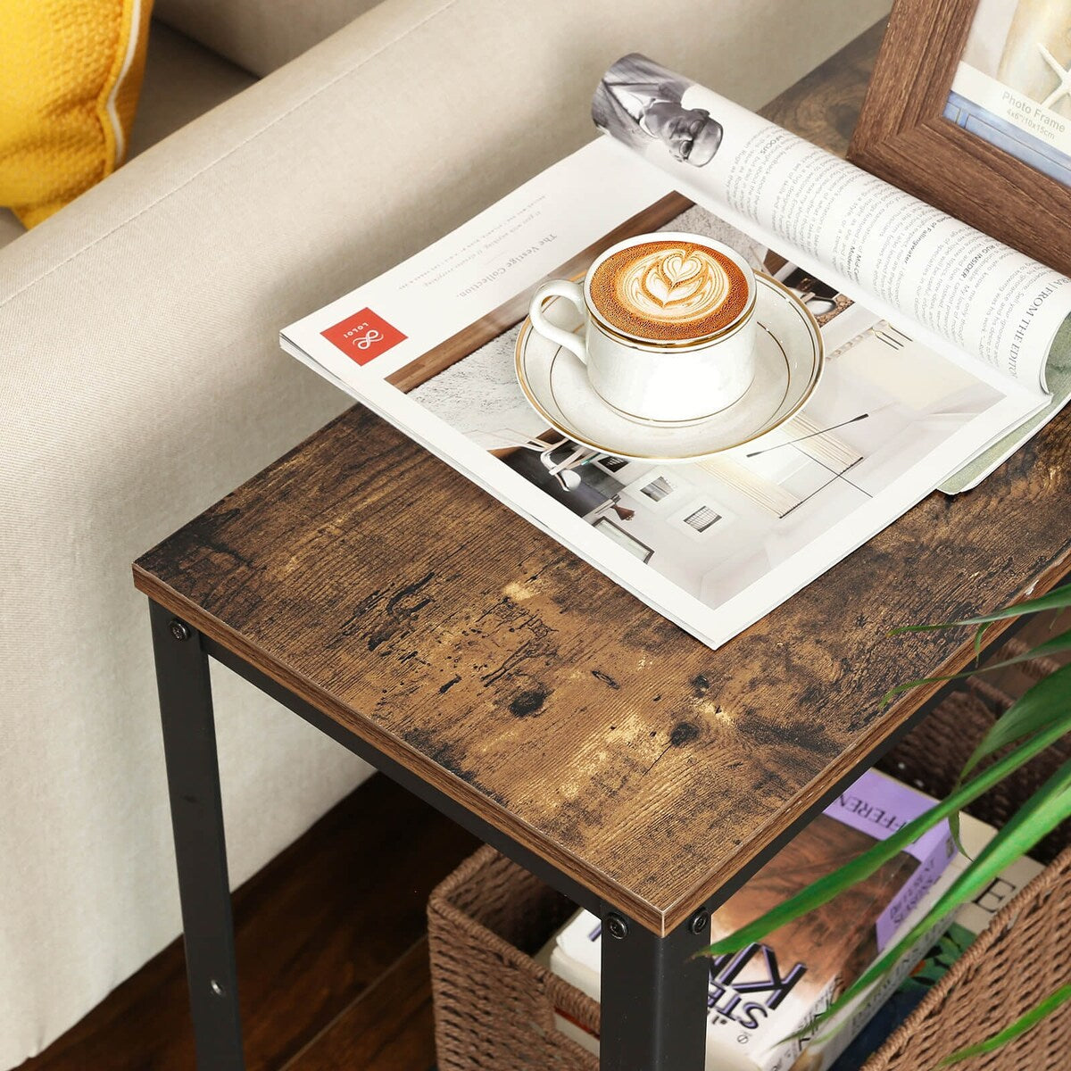 VASAGLE Industrial Side Table, 2-Tier Nightstand With Mesh Shelf, End Table, Wood Look Accent Furniture with Metal Frame