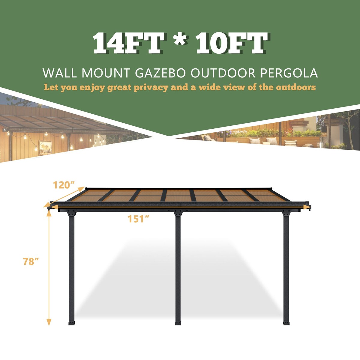 VEIKOUS 14 ft. x 10 ft. Patio Covers Wall Mount Gazebo Outdoor Pergola with PC Panel Roof