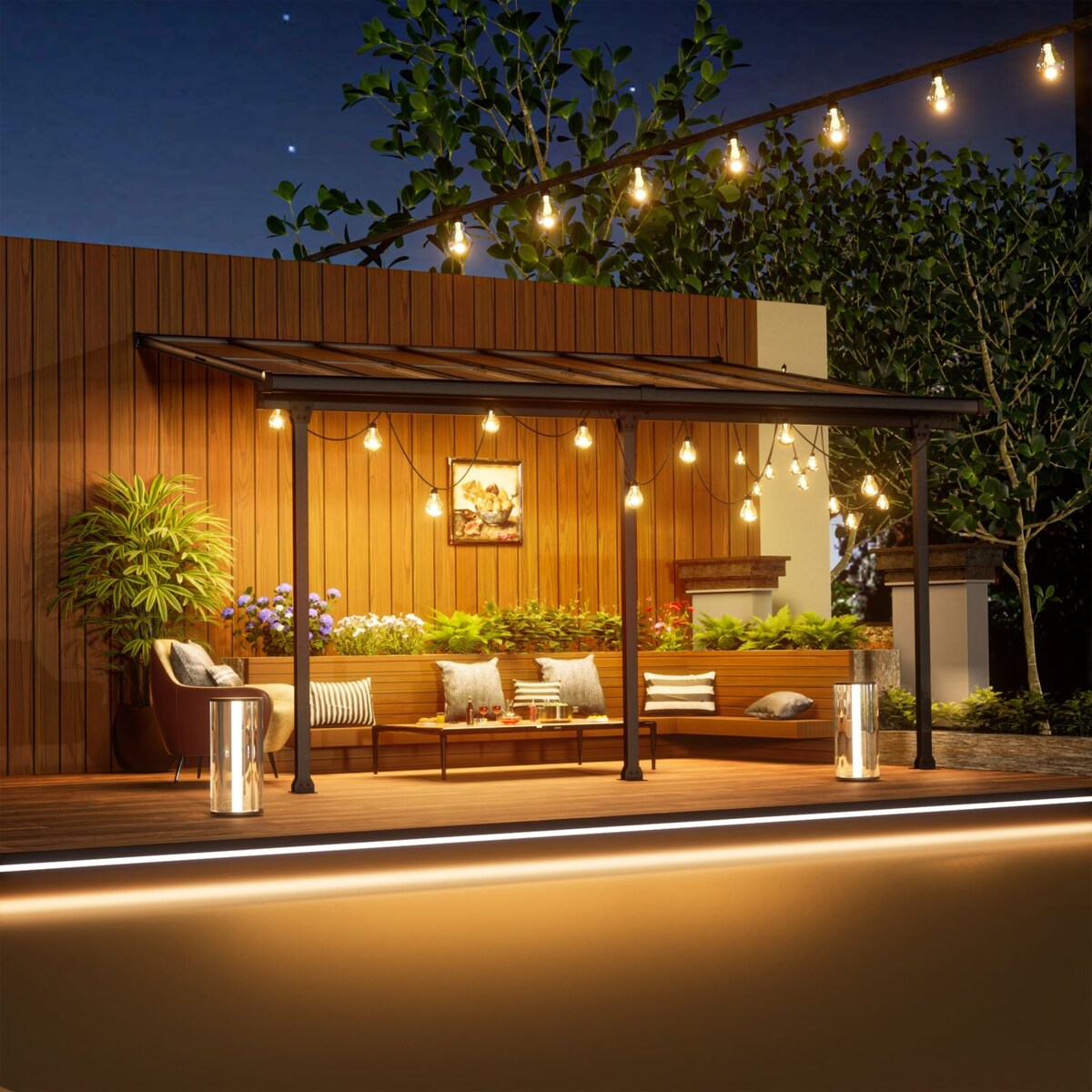 VEIKOUS 14 ft. x 10 ft. Patio Covers Wall Mount Gazebo Outdoor Pergola with PC Panel Roof