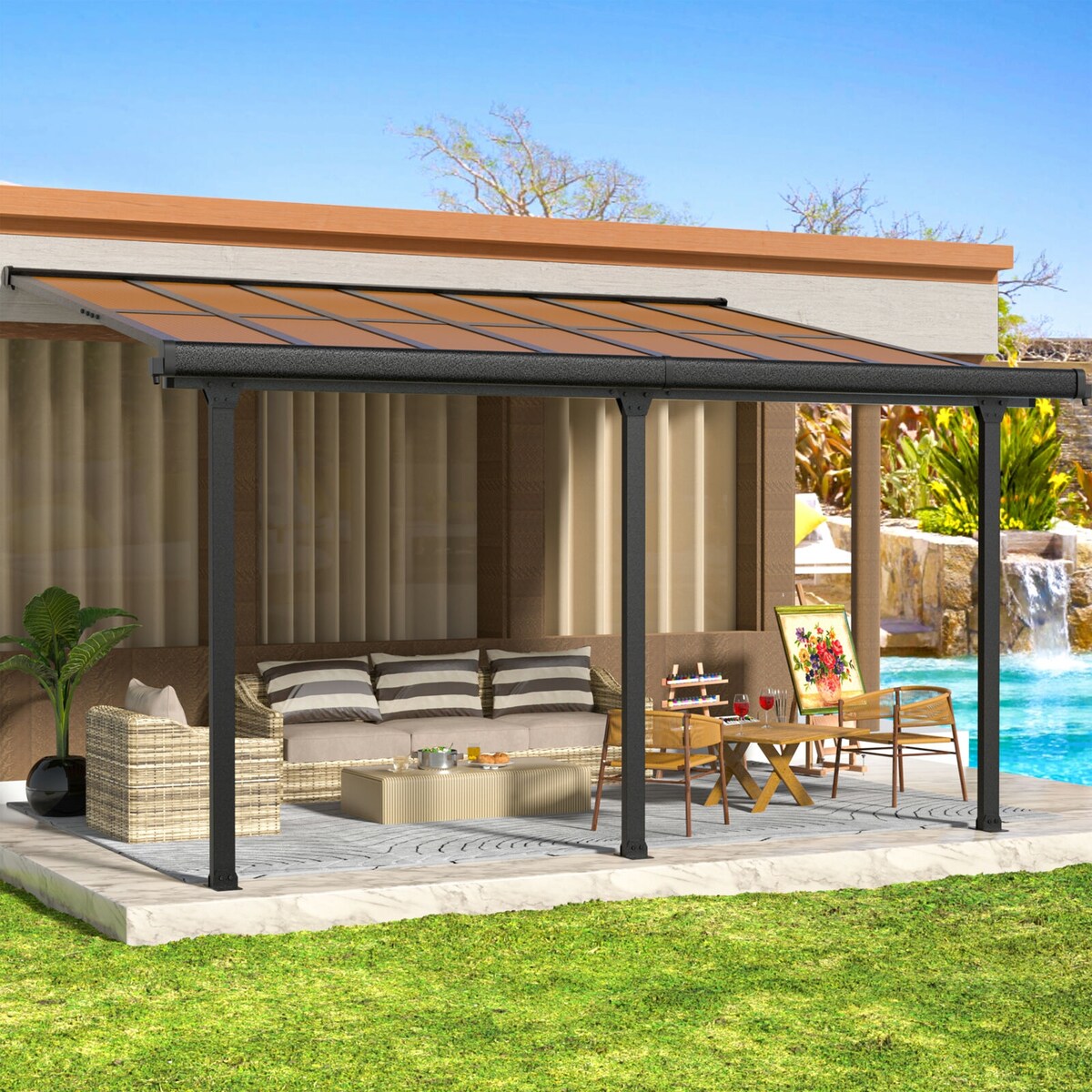 VEIKOUS 14 ft. x 10 ft. Patio Covers Wall Mount Gazebo Outdoor Pergola with PC Panel Roof