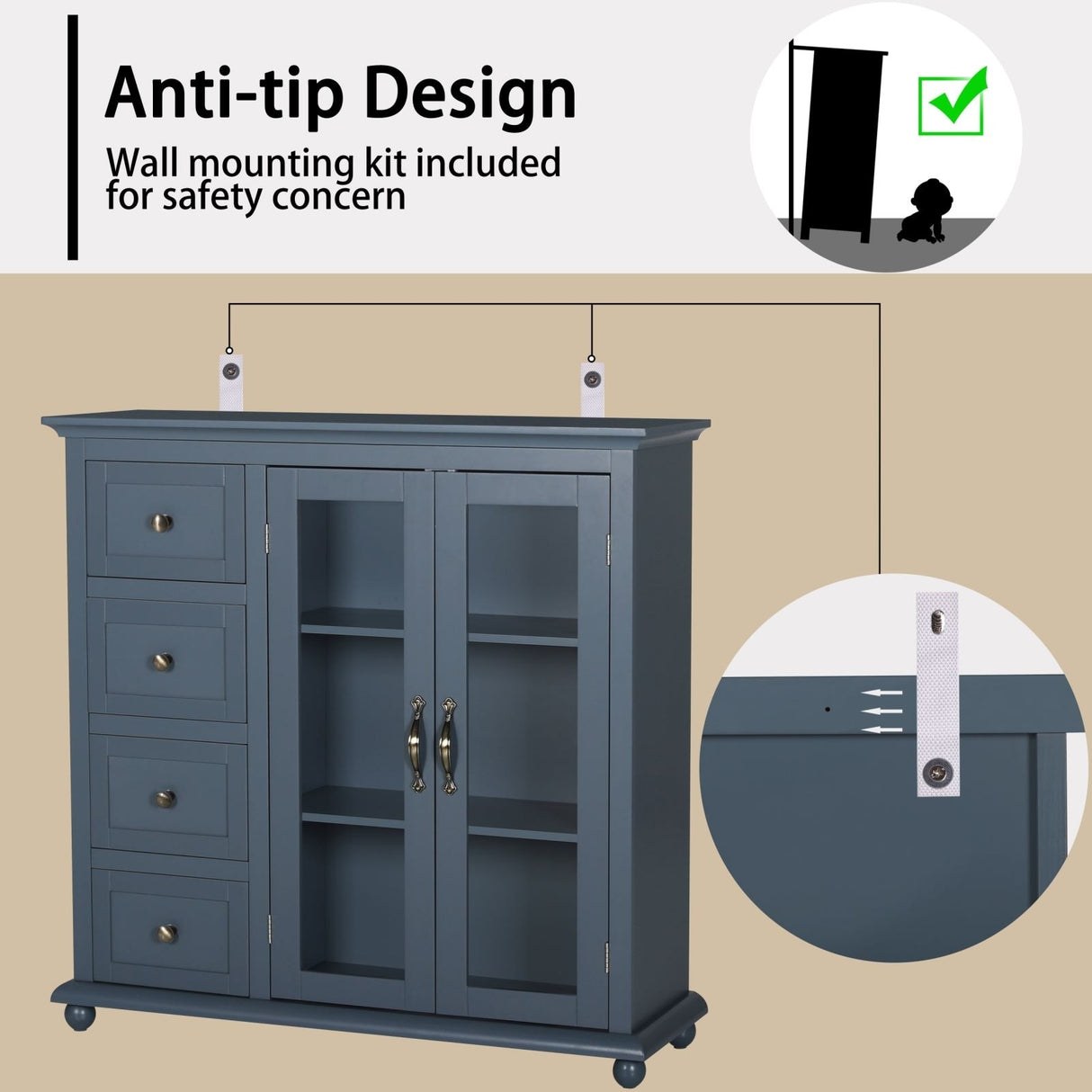 VEIKOUS Kitchen Buffet Sideboard Storage Cabinet with 2 Glass Doors and 4 Drawers