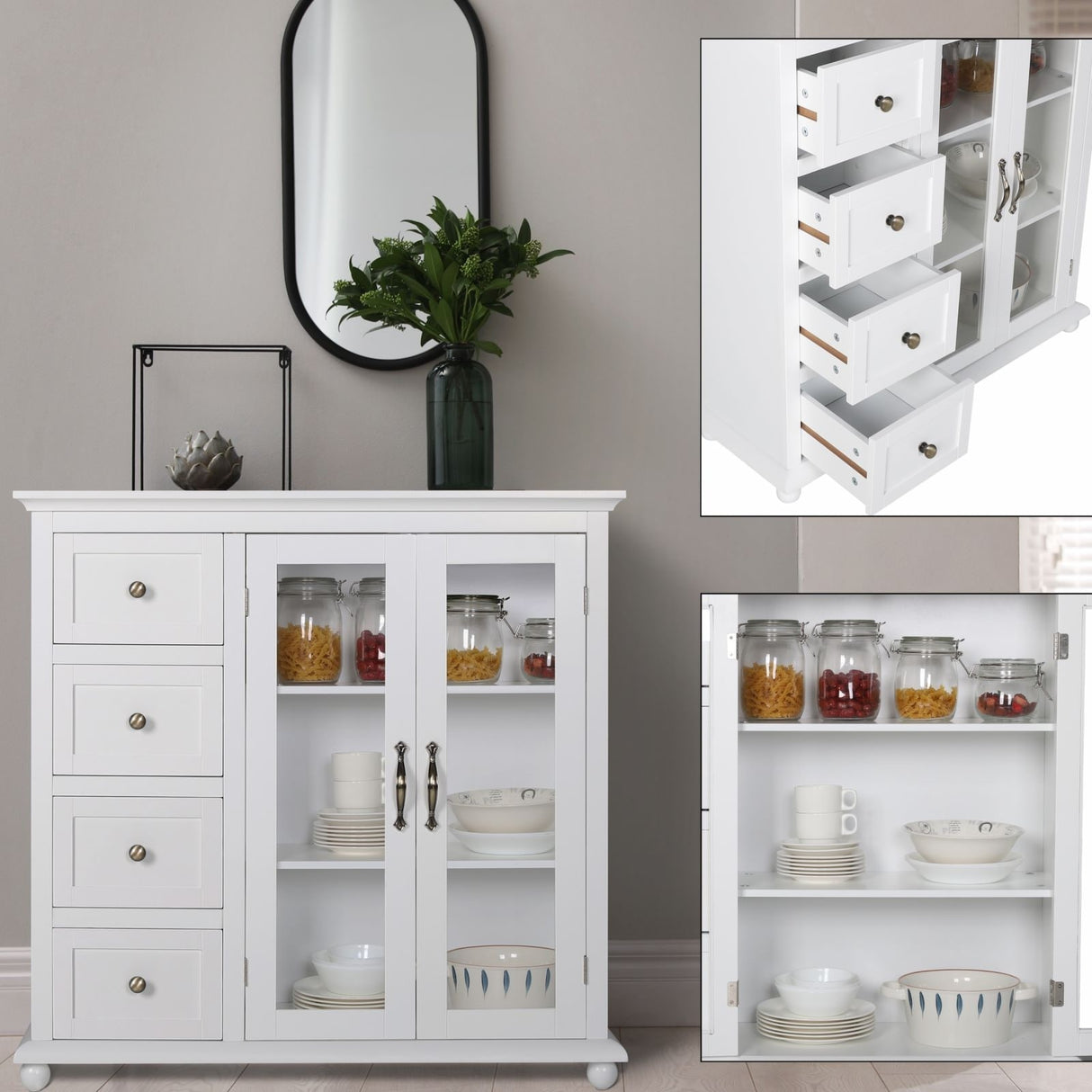 VEIKOUS Kitchen Buffet Sideboard Storage Cabinet with 2 Glass Doors and 4 Drawers