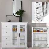VEIKOUS Kitchen Buffet Sideboard Storage Cabinet with 2 Glass Doors and 4 Drawers