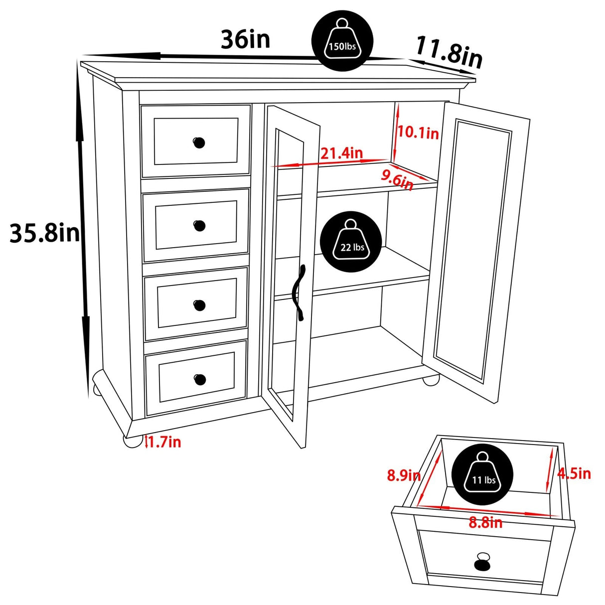 VEIKOUS Kitchen Buffet Sideboard Storage Cabinet with 2 Glass Doors and 4 Drawers