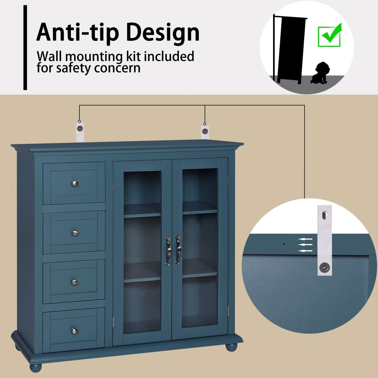 VEIKOUS Kitchen Buffet Sideboard Storage Cabinet with 2 Glass Doors and 4 Drawers