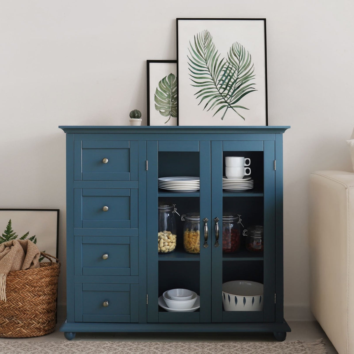 VEIKOUS Kitchen Buffet Sideboard Storage Cabinet with 2 Glass Doors and 4 Drawers