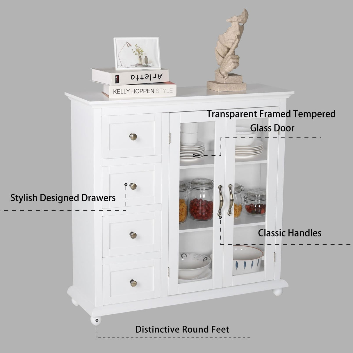 VEIKOUS Kitchen Buffet Sideboard Storage Cabinet with 2 Glass Doors and 4 Drawers
