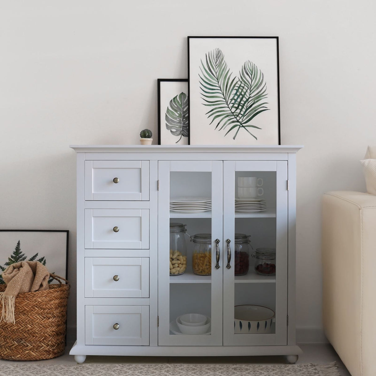 VEIKOUS Kitchen Buffet Sideboard Storage Cabinet with 2 Glass Doors and 4 Drawers