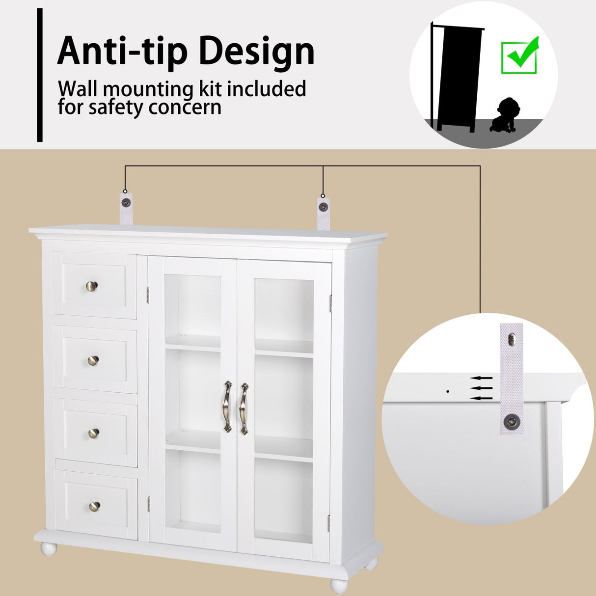 VEIKOUS Kitchen Buffet Sideboard Storage Cabinet with 2 Glass Doors and 4 Drawers