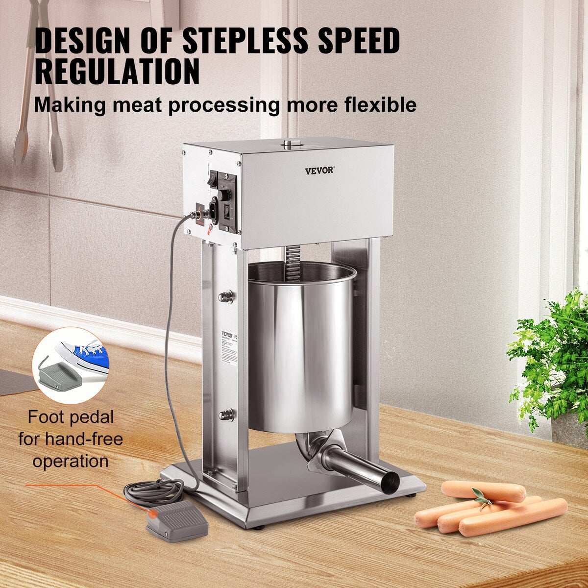VEVOR 200W & 260W Electric Stuffer 10L & 15L Stainless 4 Tubes Stepless Speed Pedal Commercial
