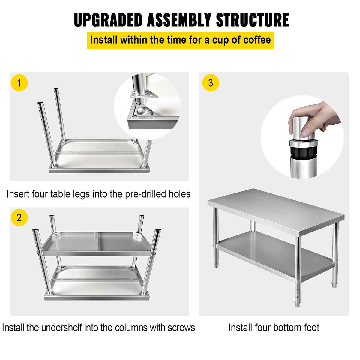 VEVOR Stainless Steel Prep Tabl Heavy Duty Metal Worktable for Kitchen Restaurant Garage Backyard