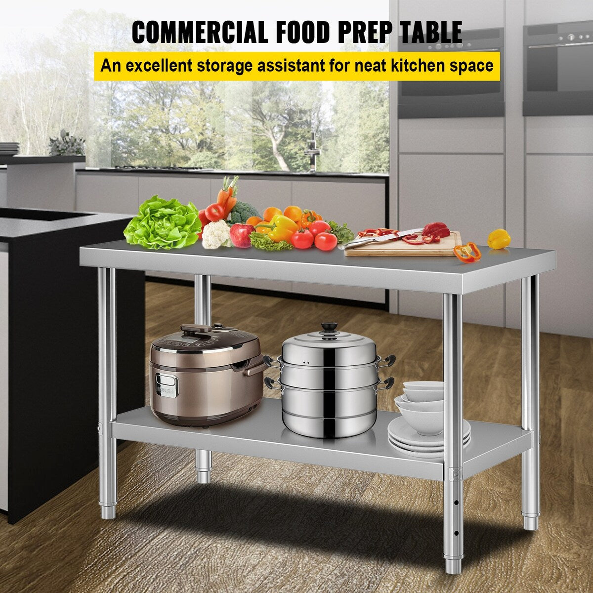 VEVOR Stainless Steel Prep Tabl Heavy Duty Metal Worktable for Kitchen Restaurant Garage Backyard