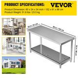 VEVOR Stainless Steel Prep Tabl Heavy Duty Metal Worktable for Kitchen Restaurant Garage Backyard