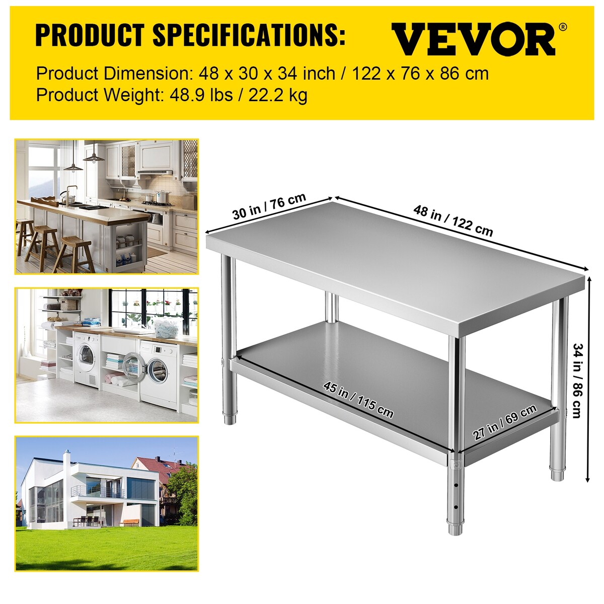 VEVOR Stainless Steel Prep Tabl Heavy Duty Metal Worktable for Kitchen Restaurant Garage Backyard
