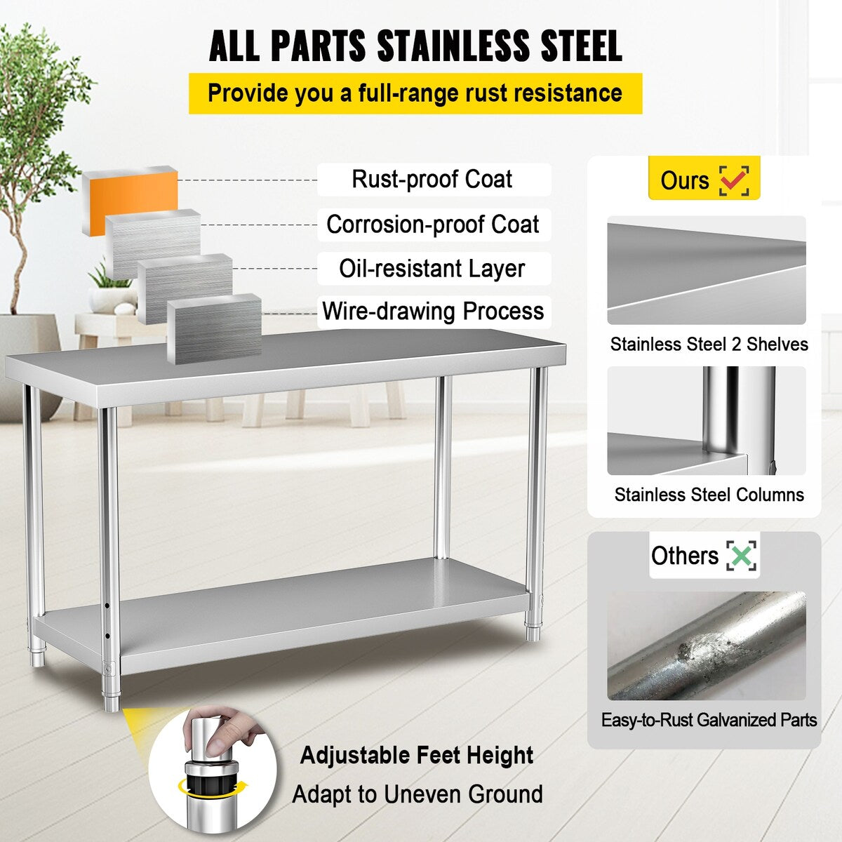 VEVOR Stainless Steel Prep Tabl Heavy Duty Metal Worktable for Kitchen Restaurant Garage Backyard