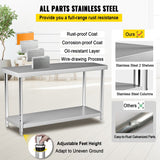 VEVOR Stainless Steel Prep Tabl Heavy Duty Metal Worktable for Kitchen Restaurant Garage Backyard