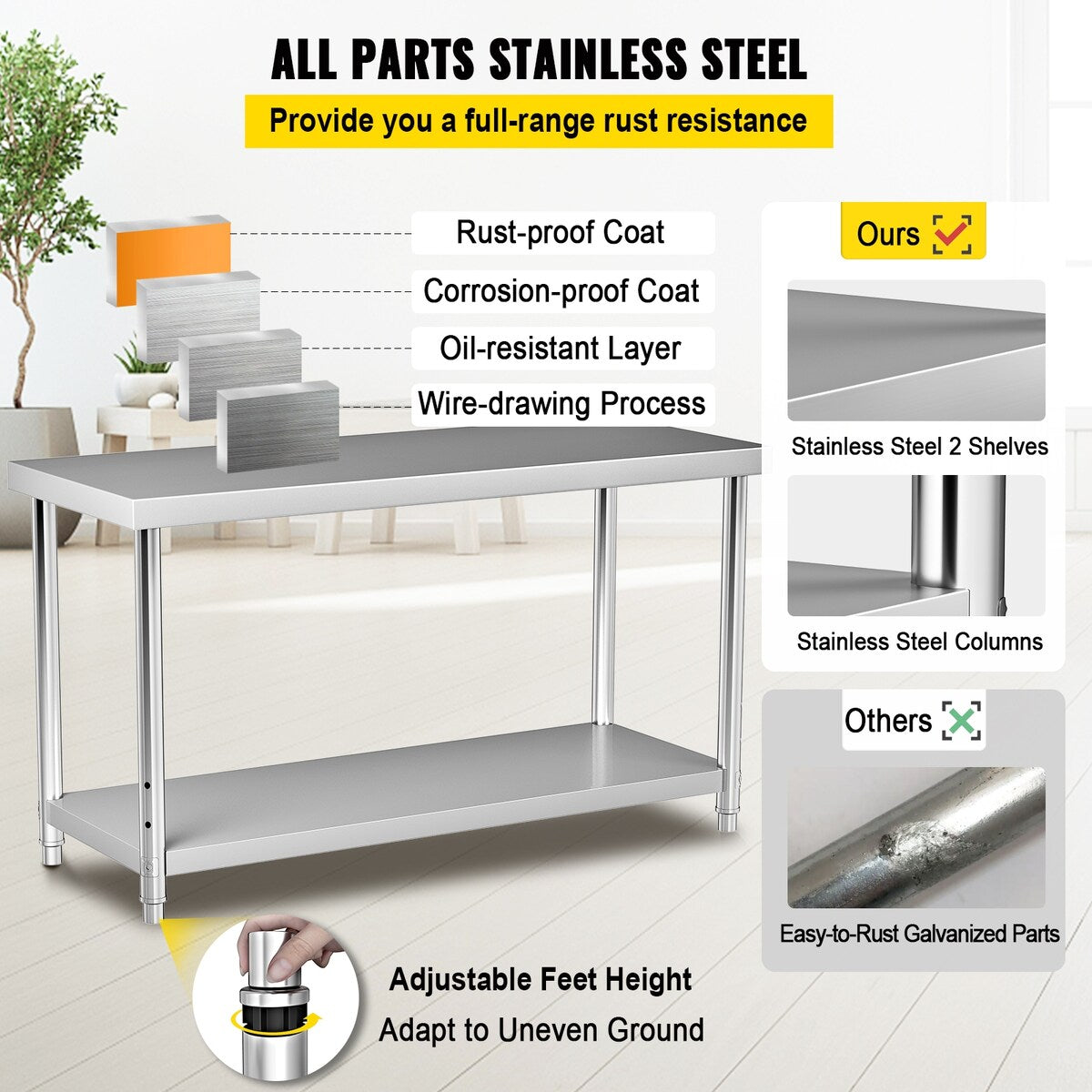 VEVOR Stainless Steel Prep Tabl Heavy Duty Metal Worktable for Kitchen Restaurant Garage Backyard