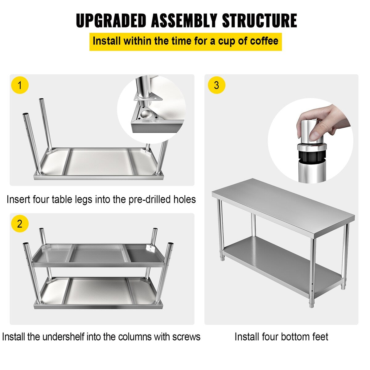 VEVOR Stainless Steel Prep Tabl Heavy Duty Metal Worktable for Kitchen Restaurant Garage Backyard