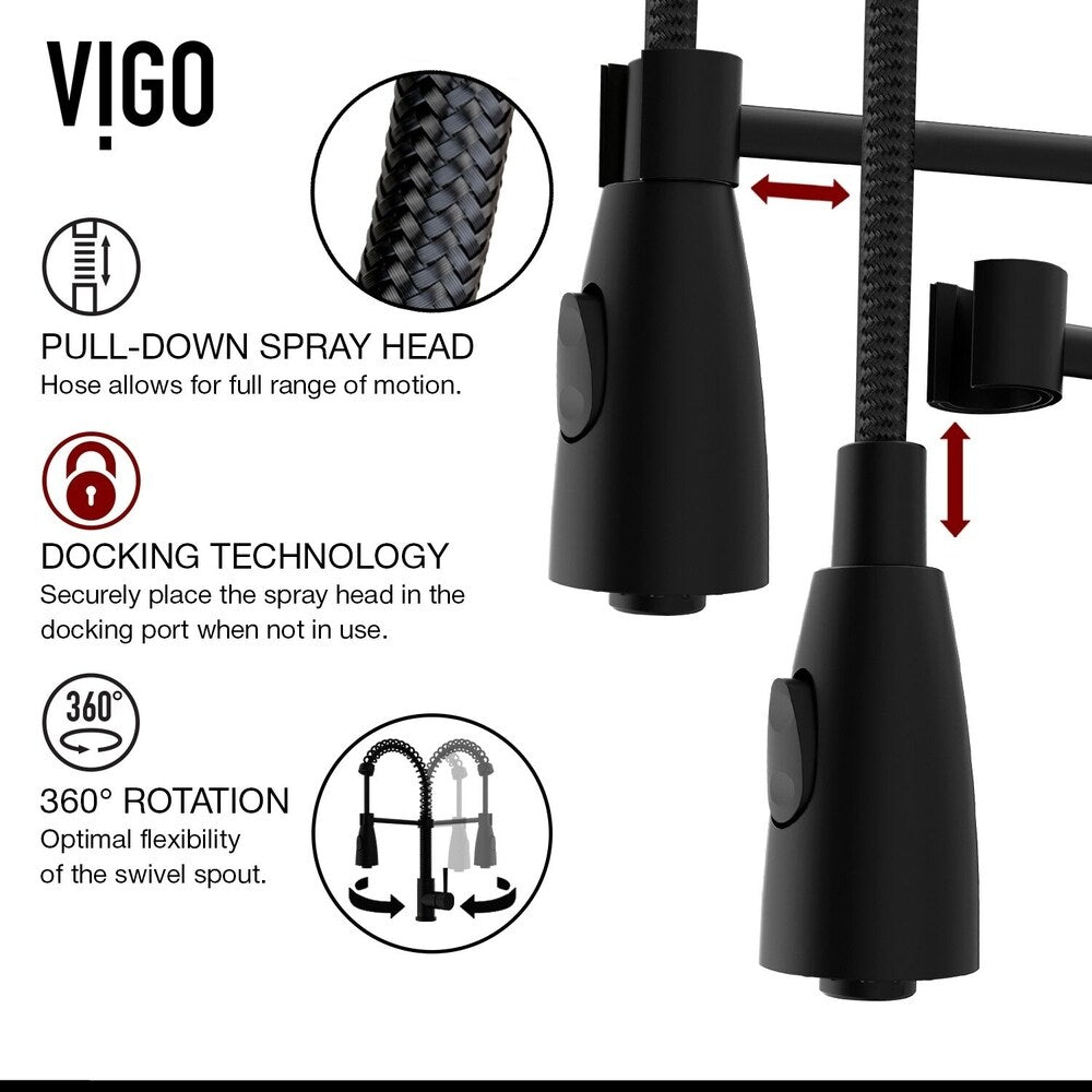 VIGO 24-inch Crown Apron Front Matte StoneTM Farmhouse Sink and Brant Pull-Down Faucet in Matte Black