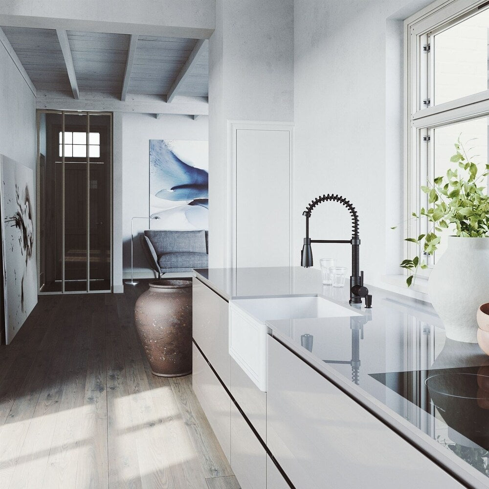 VIGO 24-inch Crown Apron Front Matte StoneTM Farmhouse Sink and Brant Pull-Down Faucet in Matte Black
