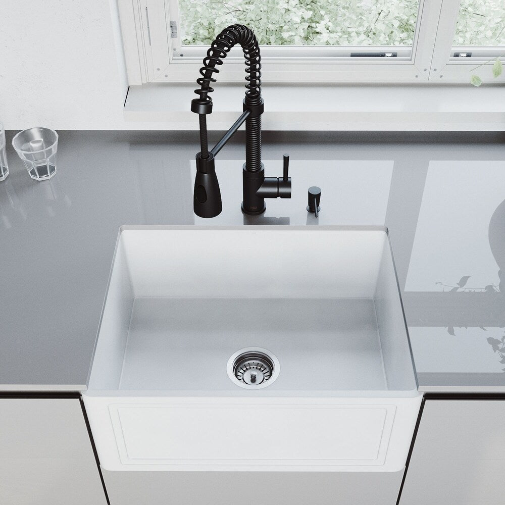 VIGO 24-inch Crown Apron Front Matte StoneTM Farmhouse Sink and Brant Pull-Down Faucet in Matte Black