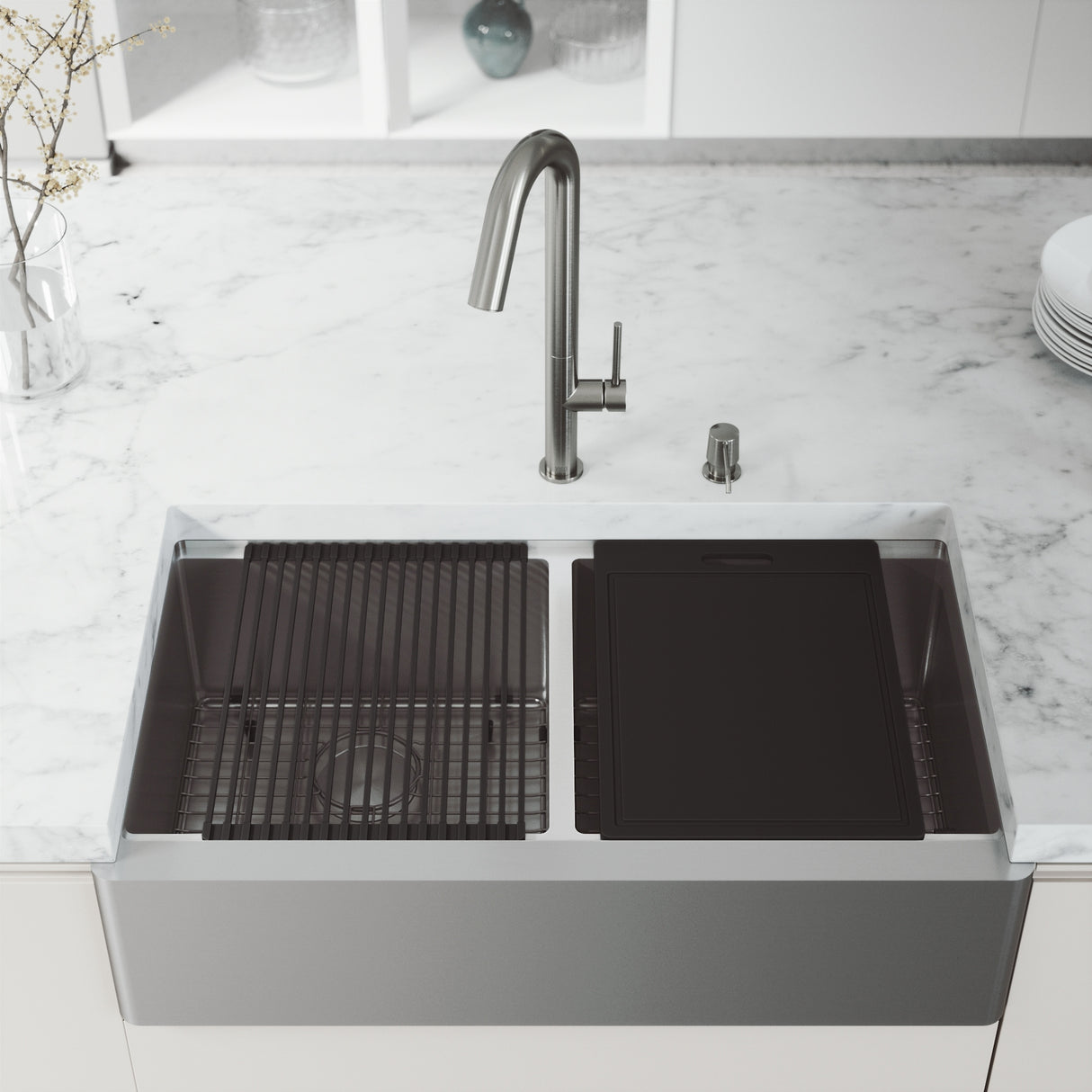 VIGO Oxford Stainless Steel Double Bowl Flat Apron Farmhouse Kitchen Sink and Accessories