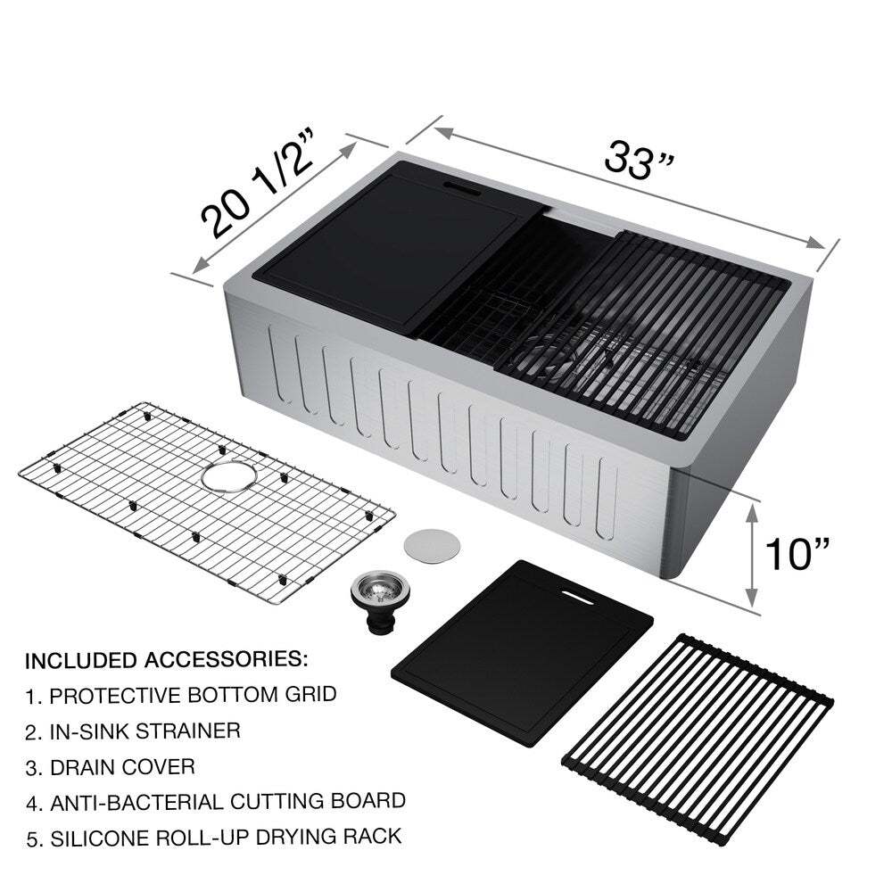 VIGO 33" Oxford Stainless Steel Slotted Apron Kitchen Sink Workstation, Stainless Steel Edison Faucet & Soap Dispenser