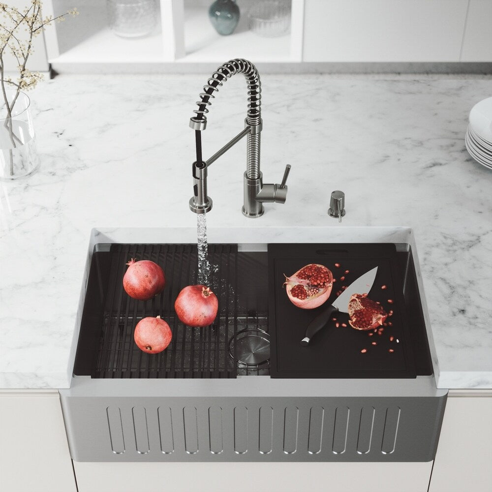 VIGO 33" Oxford Stainless Steel Slotted Apron Kitchen Sink Workstation, Stainless Steel Edison Faucet & Soap Dispenser