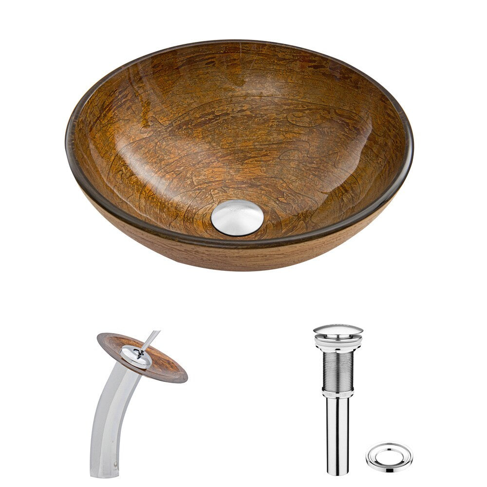 VIGO Cappuccino Swirl Glass Vessel Sink and Waterfall Faucet Set in Chrome Finish