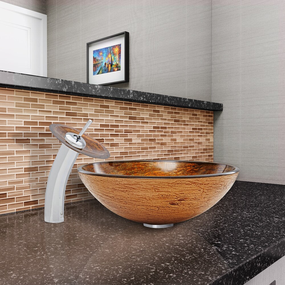 VIGO Cappuccino Swirl Glass Vessel Sink and Waterfall Faucet Set in Chrome Finish