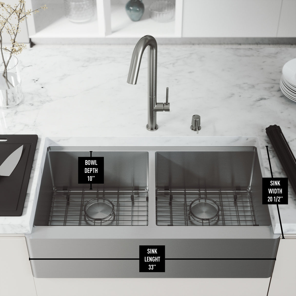 VIGO Oxford Stainless Steel Double Bowl Flat Apron Farmhouse Kitchen Sink and Accessories