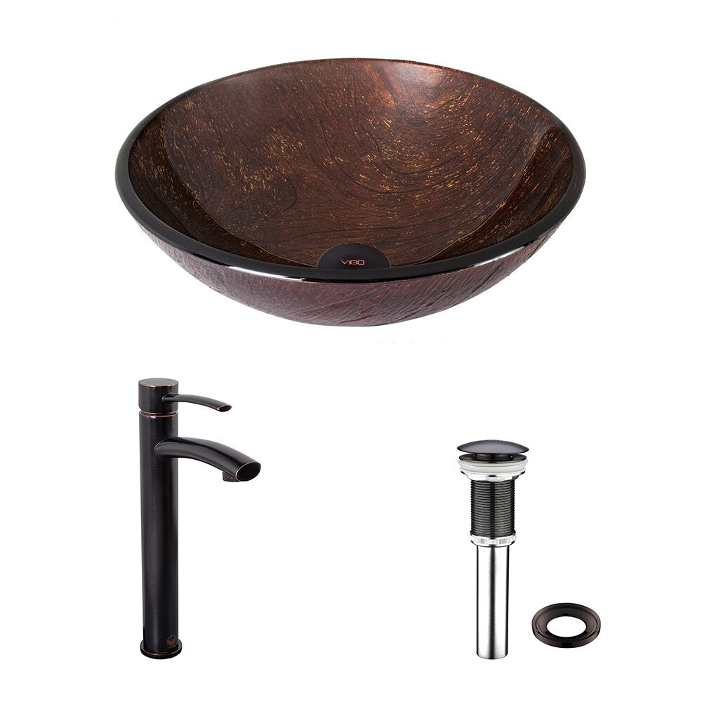 VIGO Kenyan Twilight Glass Vessel Bathroom Sink and Milo Faucet Set in Antique Rubbed Bronze Finish - Silver