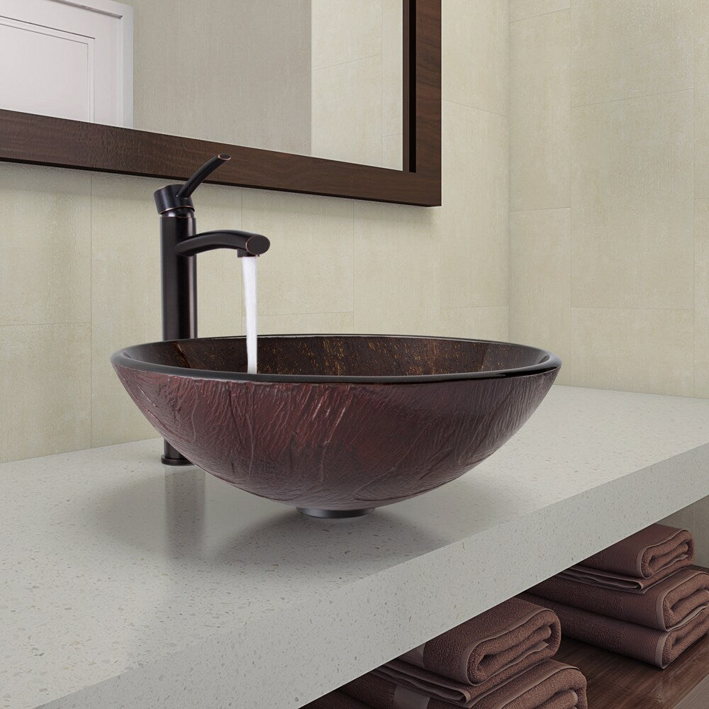 VIGO Kenyan Twilight Glass Vessel Bathroom Sink and Milo Faucet Set in Antique Rubbed Bronze Finish - Silver