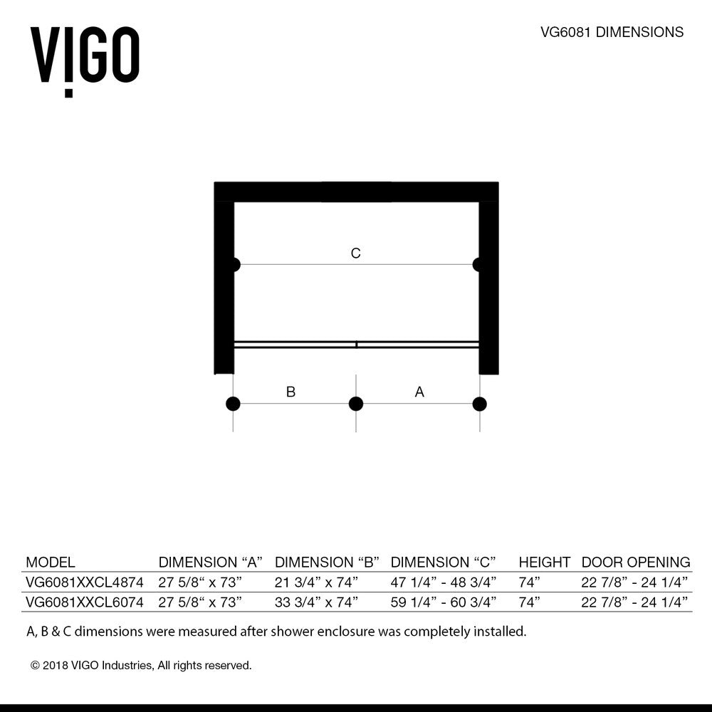 VIGO Rochelle 60-inch Adjustable Frameless Hinged Shower Door