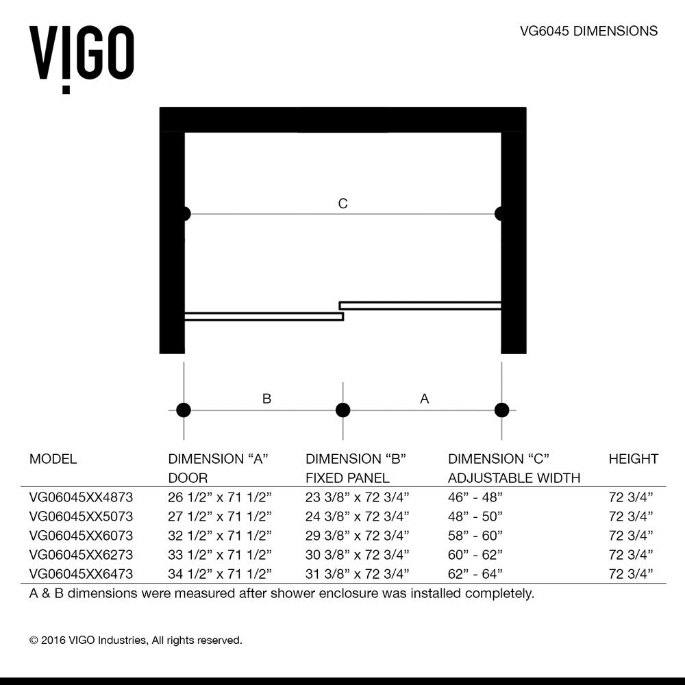 VIGO Ryland Clear Adjustable Frameless Sliding Shower Door
