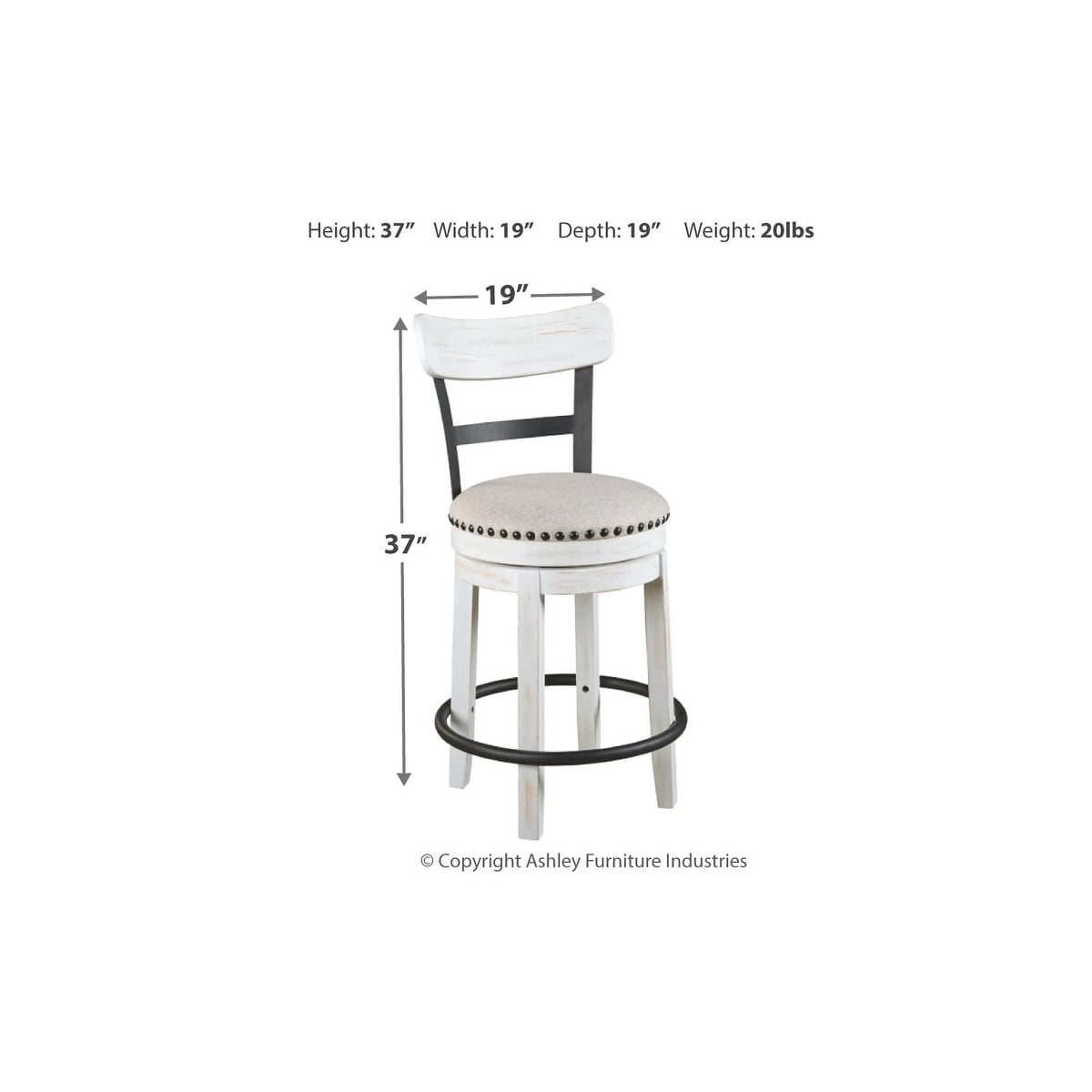 Valebeck White Counter Height Swivel Stool - 19.25" W x 19.25" D x 36.88" H