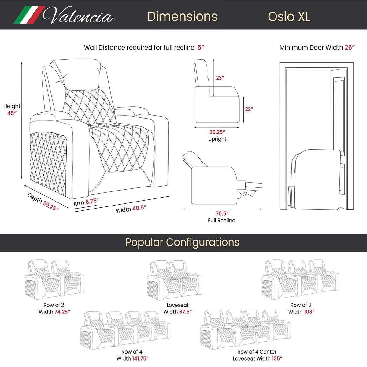 Valencia Oslo XL Top Grain Nappa 11000 Leather Home Theater Seating Power Recliner Row of 3 Black