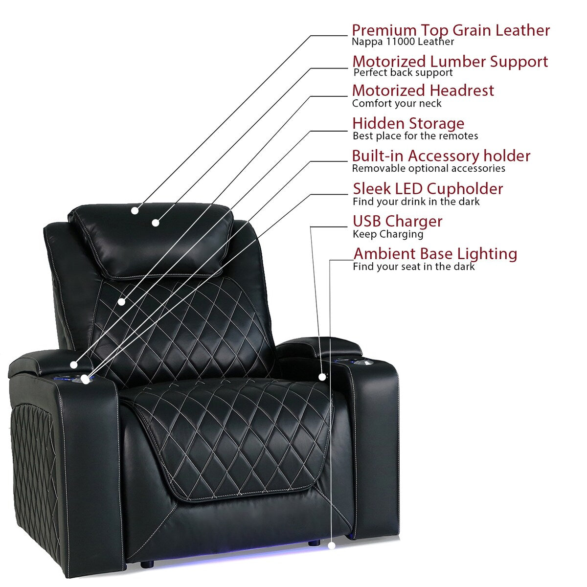 Valencia Oslo XL Top Grain Nappa 11000 Leather Home Theater Seating Power Recliner Row of 3 Black