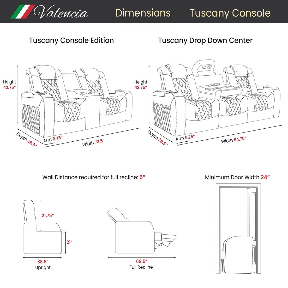 Valencia Tuscany Drop-Down Console Edition Top Grain Nappa 11000 Leather Home Theater Seating Power Recliner Row of 3 Black