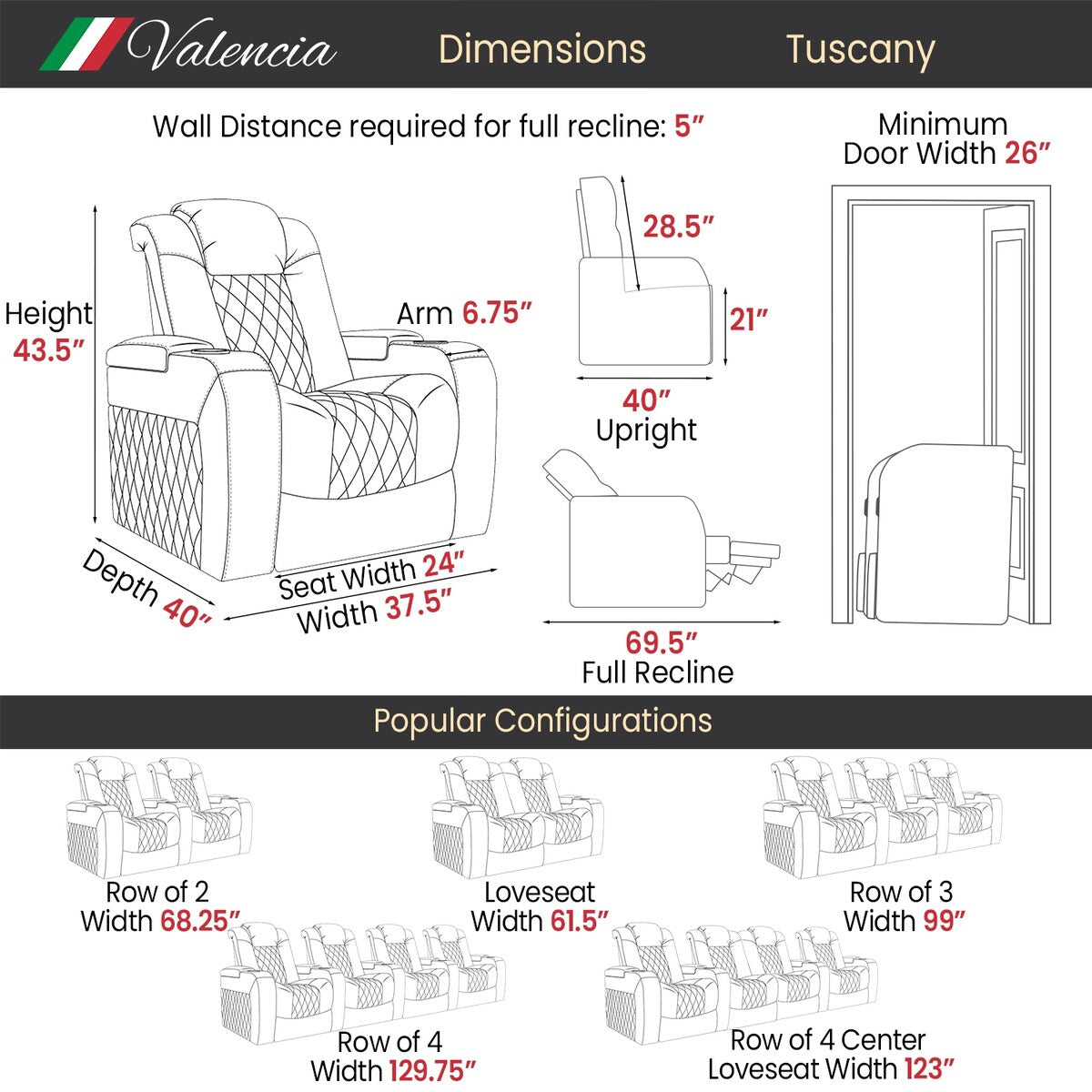 Valencia Tuscany Massage Edition Top Grain Nappa 11000 Leather Theater Seating Power Recliner Row of 3 Loveseat Right Black