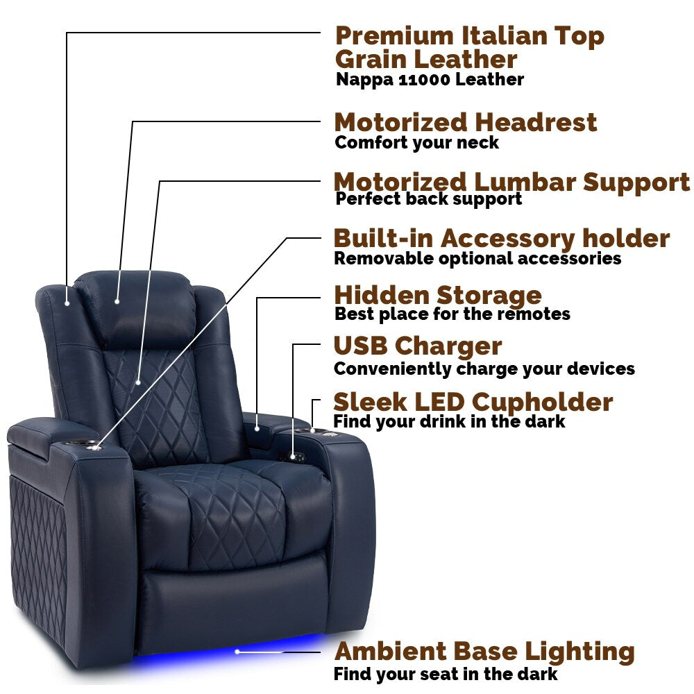 Valencia Tuscany Top Grain Nappa 11000 Leather Home Theater Seating Power Recliner Row of 4 Loveseat Left Navy Blue