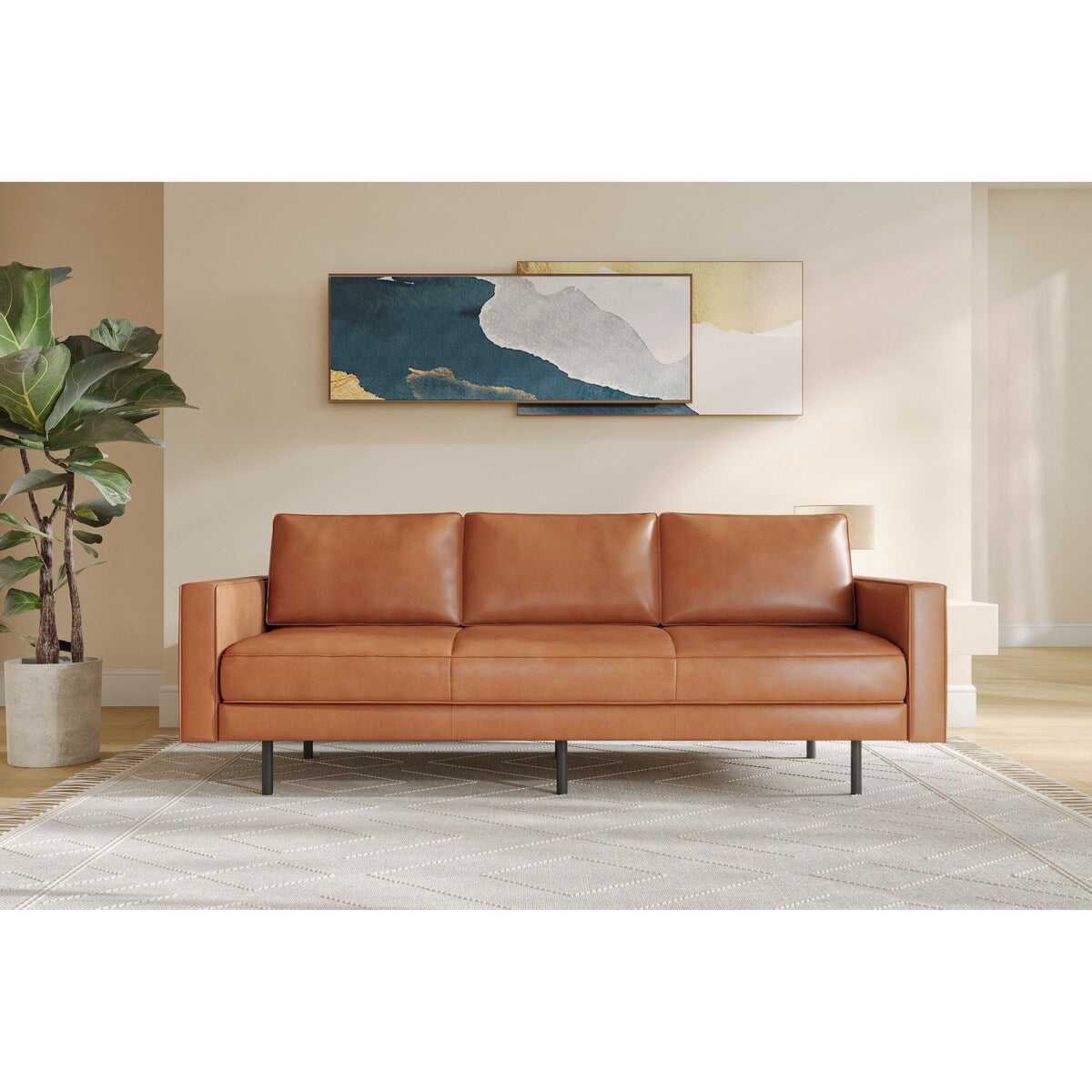 Valencia Varese Top Grain Leather Three Seats Sofa Cognac Color - Three Seats