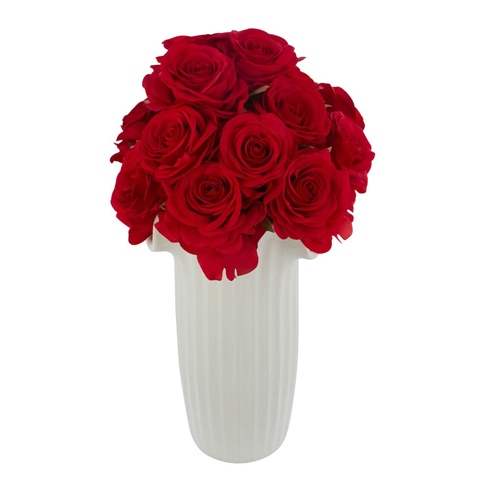 Valeriane Faux Floral Arrangement with Red Roses in White Ceramic Vase