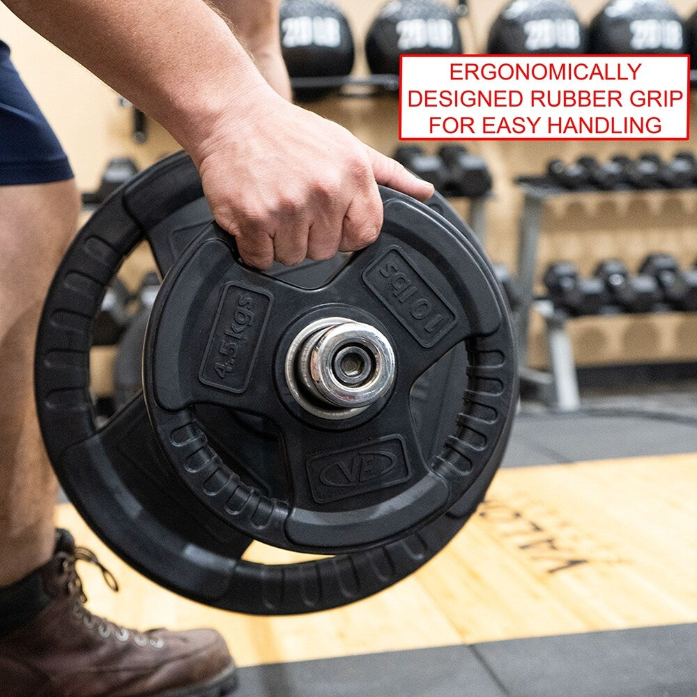 Valor Fitness OP-10 Olympic Weight Plates Coated Rubber Weights w/Weight Plate Set, Barbell Weights w/Grips for Home Gym