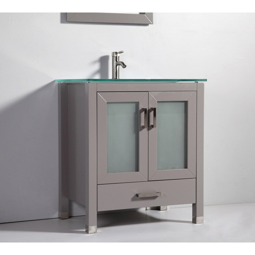 Vanity Art 30-Inch Single Sink Modern Bathroom Vanity Set Light Grey Tempered Glass Top with Matching Faucet and Mirror