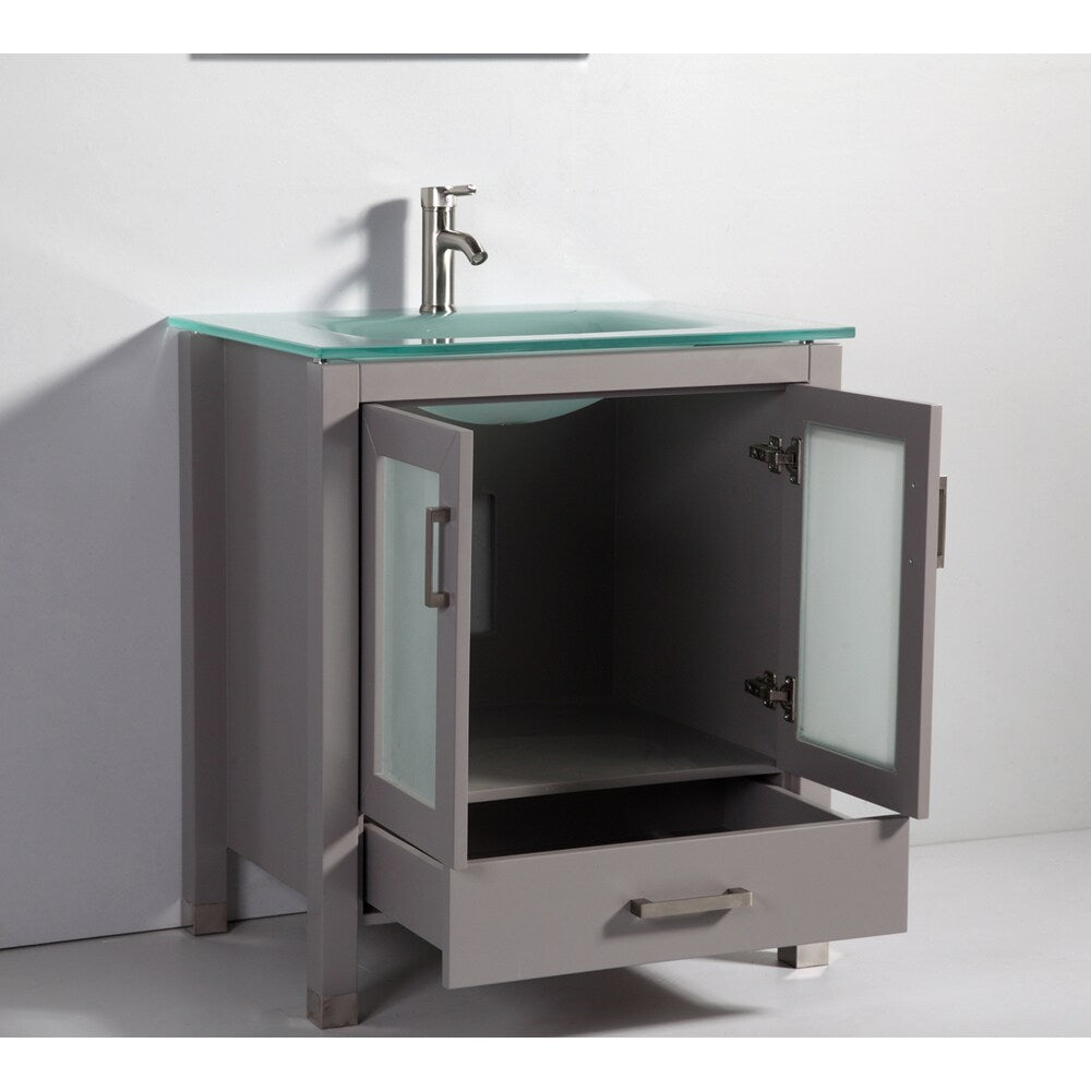 Vanity Art 30-Inch Single Sink Modern Bathroom Vanity Set Light Grey Tempered Glass Top with Matching Faucet and Mirror