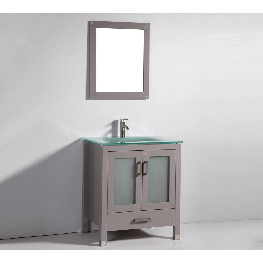 Vanity Art 30-Inch Single Sink Modern Bathroom Vanity Set Light Grey Tempered Glass Top with Matching Faucet and Mirror