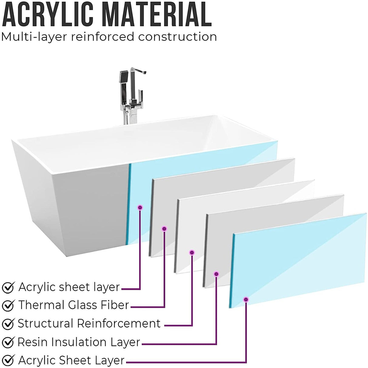 Vanity Art 67 inch Freestanding Acrylic Bathtub with Pop-up Drain